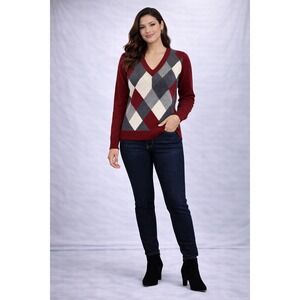 Villager‎ by Liz Claiborne Argyle V-Neck Sweater Women's Size 3 Burgundy Gray